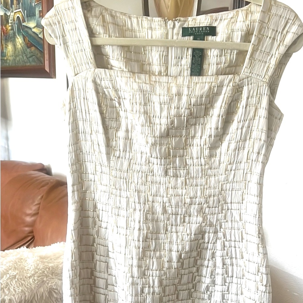 Lauren Ralph Lauren Ivory/Gold Metallic Formal Sheath Dress NWOT - Picture 2 of 9